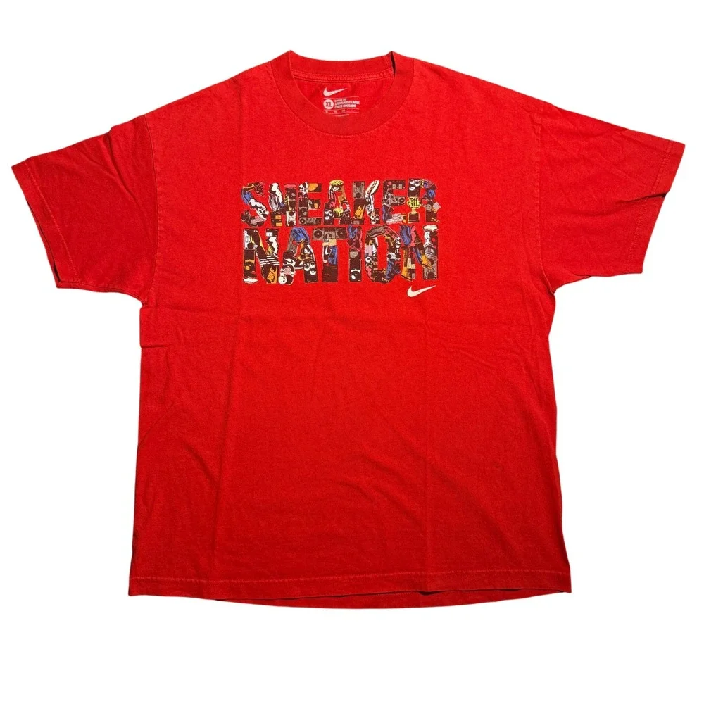 Vintage Y2K Nike Sneaker Nation Graphic T-Shirt Mens XL Red Loose Fit Short